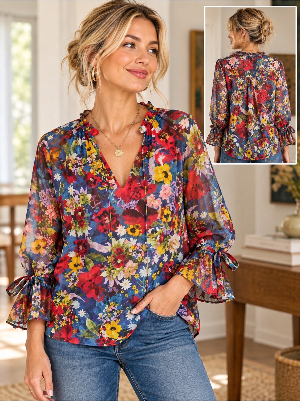 ALICE + OLIVIA Multicolor Floral Sheer Tie Cuff Blouse Approx Size Large